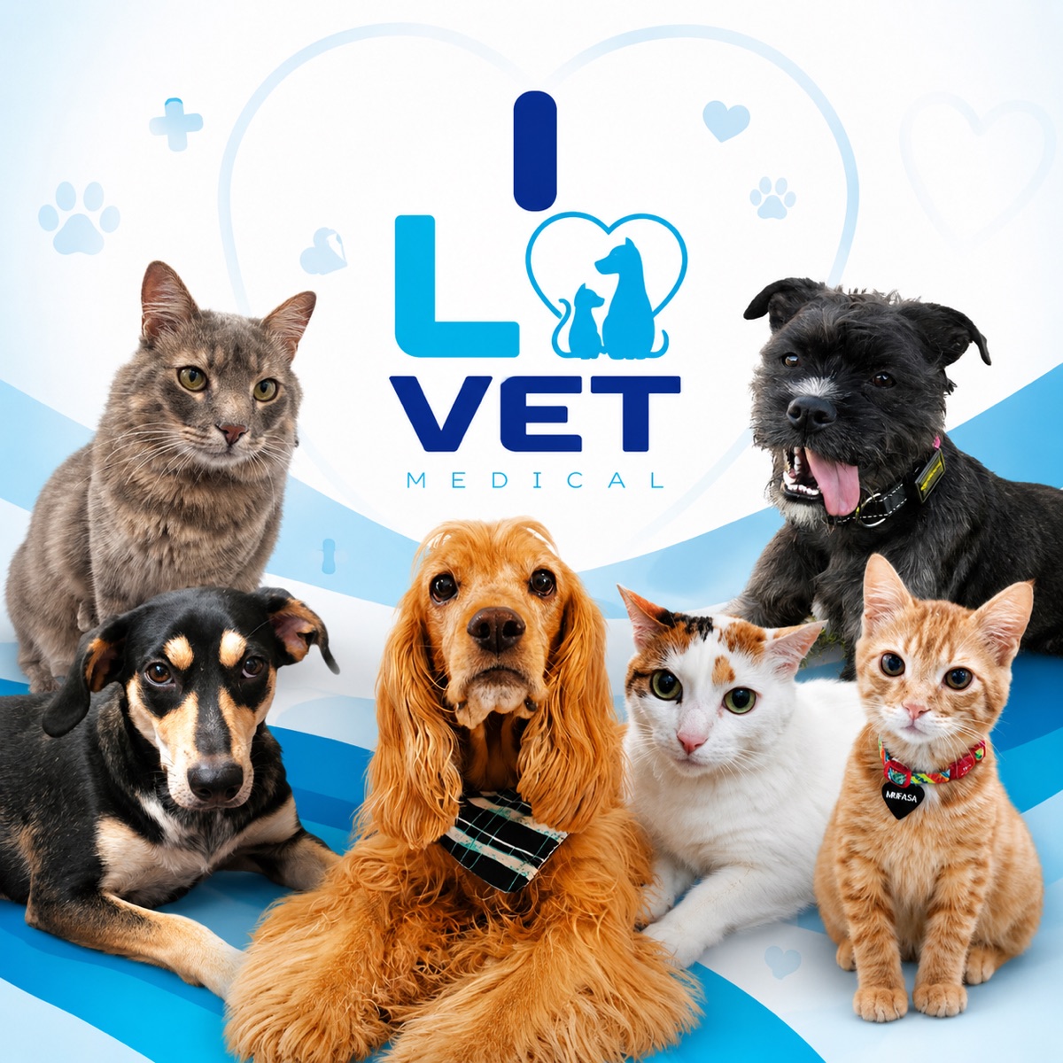 Perros y gatos felices junto al logo de iLovet Medical